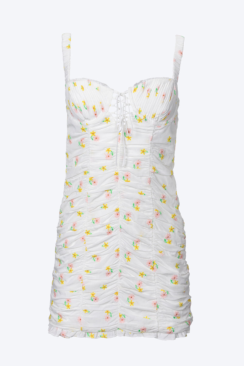 FOR LOVE & LEMONS | CELIA SHIRRED FLORAL-EMBROIDERED LACE-UP OPEN-BACK MINI  DRESS