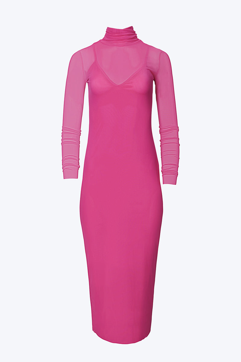 shailene turtleneck long sleeve mesh dress PINK SHAILENE POWER MESH TURTLENECK MIDI DRESS | AFRM