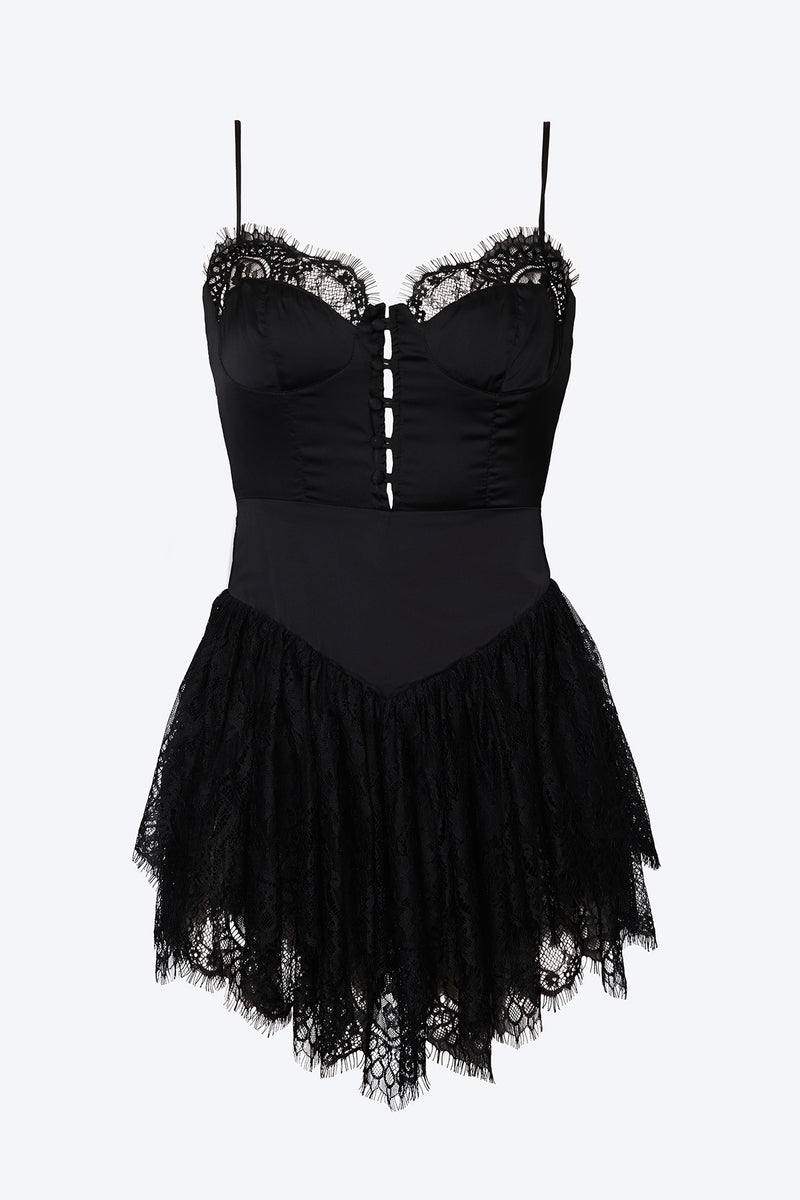 BLACK BUSTIER LACE-TRIMMED SATIN MINI DRESS | SUN IMPERIAL