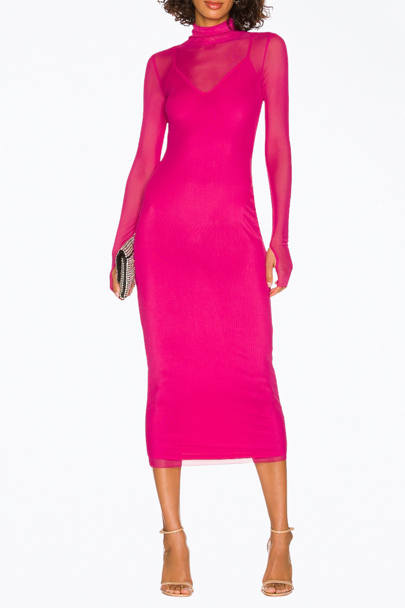 knee length dresses for ladies PINK SHAILENE POWER MESH TURTLENECK MIDI DRESS | AFRM