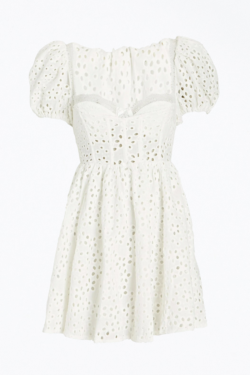 becca mini dress for love and lemons WHITE BECCA EYELET LINEN MINI DRESS | FOR LOVE & LEMONS