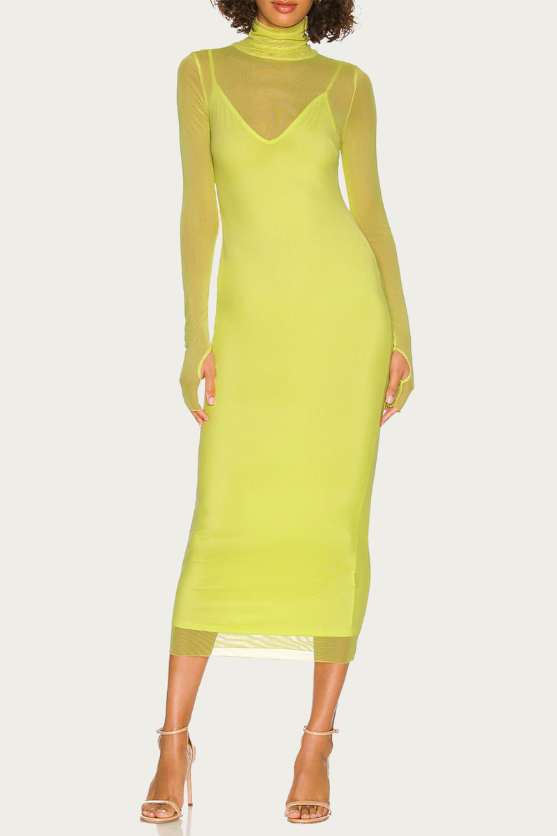shailene mesh dress SHAILENE POWER MESH TURTLENECK MIDI DRESS
