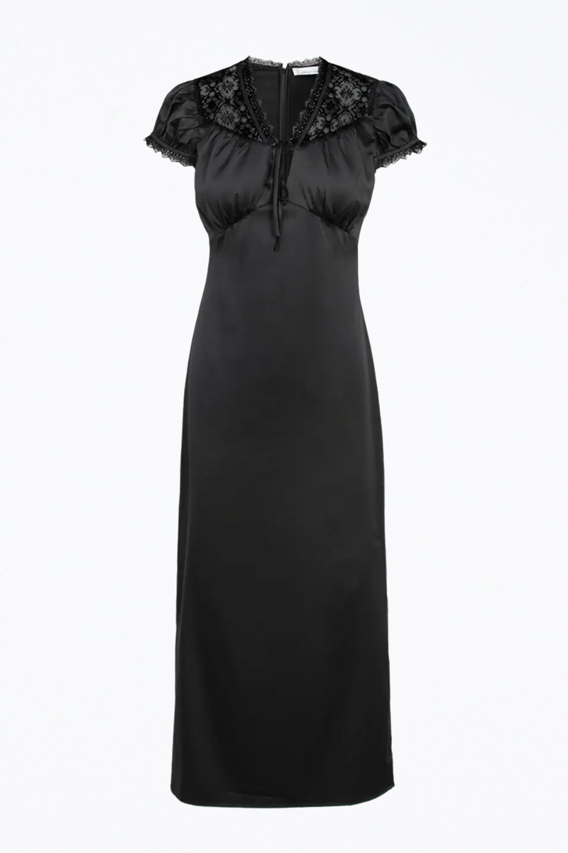 ADELYN RAE | BLACK LACE-TRIMMED SATIN MIDI DRESS