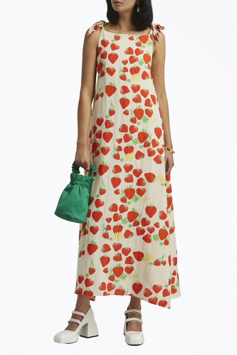 knee length dresses for ladies STRAWBERRY-PRINT LINEN-BLEND MAXI DRESS