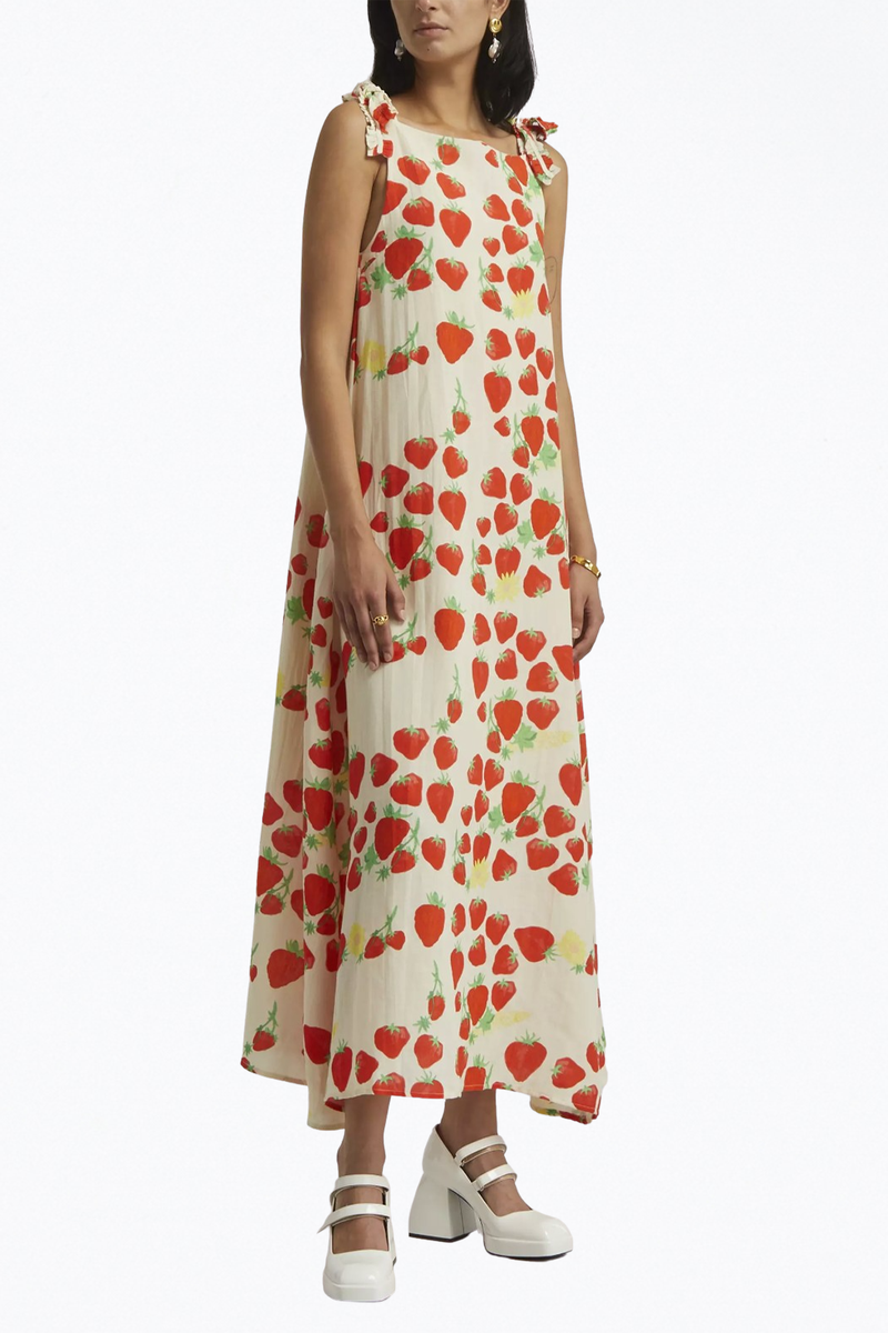 STRAWBERRY-PRINT LINEN-BLEND MAXI DRESS STRAWBERRY-PRINT LINEN-BLEND MAXI DRESS