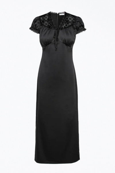 ADELYN RAE | BLACK LACE-TRIMMED SATIN MIDI DRESS | The Silence Company